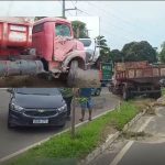 Caminhão caçamba sobe canteiro e atingi carros em avenida de Manaus