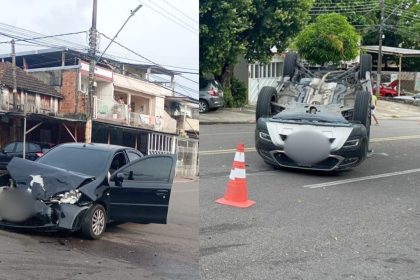 Carros colidem e veículo capota em cruzamento na zona sul de Manaus