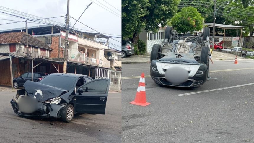 Carros colidem e veículo capota em cruzamento na zona sul de Manaus