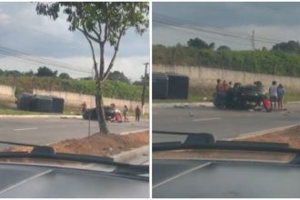 Acidente de carro na Avenida do Turismo com pessoas ao redor do veículo danificado.