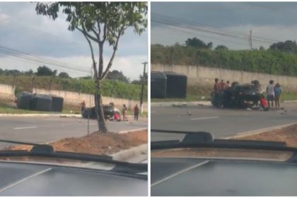 Acidente de carro na Avenida do Turismo com pessoas ao redor do veículo danificado.