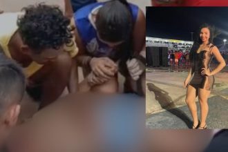 Acidente de moto em Novo Aripuanã: pessoas socorrem vítima, mulher sorrindo em segundo plano.