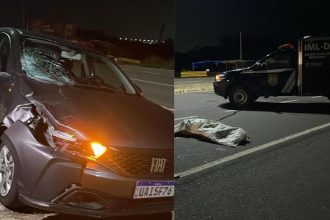 Atropelamento de carro na AM-070 à noite: veículo danificado e perícia policial.