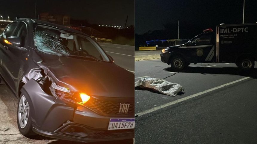 Atropelamento de carro na AM-070 à noite: veículo danificado e perícia policial.
