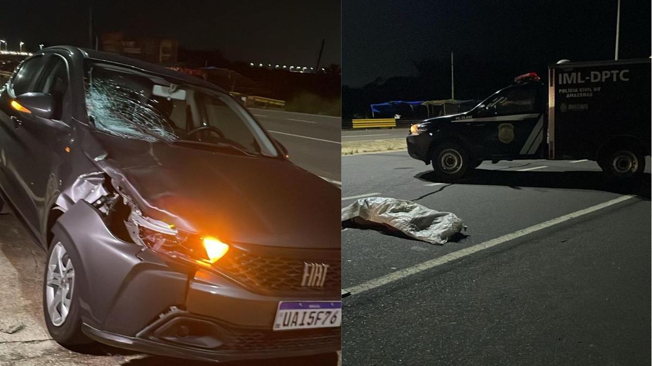 Atropelamento de carro na AM-070 à noite: veículo danificado e perícia policial.