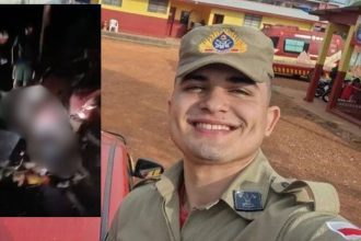 Bombeiro sorrindo em primeiro plano, imagem dividida com cena de acidente no fundo.