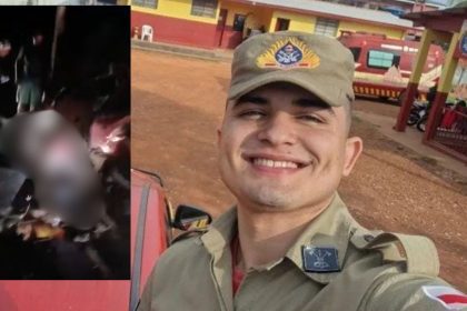 Bombeiro sorrindo em primeiro plano, imagem dividida com cena de acidente no fundo.