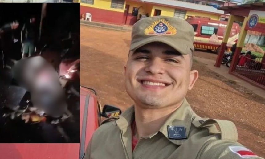 Bombeiro sorrindo em primeiro plano, imagem dividida com cena de acidente no fundo.