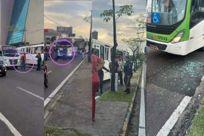 Briga entre motoristas causa interrupção no trânsito, com ônibus e pessoas na cena.