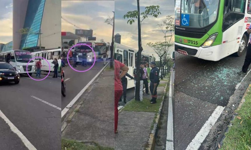Briga entre motoristas causa interrupção no trânsito, com ônibus e pessoas na cena.