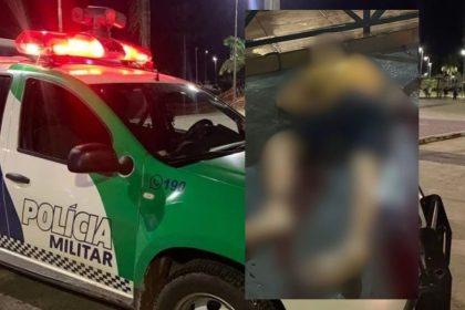 Carro da Polícia Militar e cena de crime com corpo coberto.