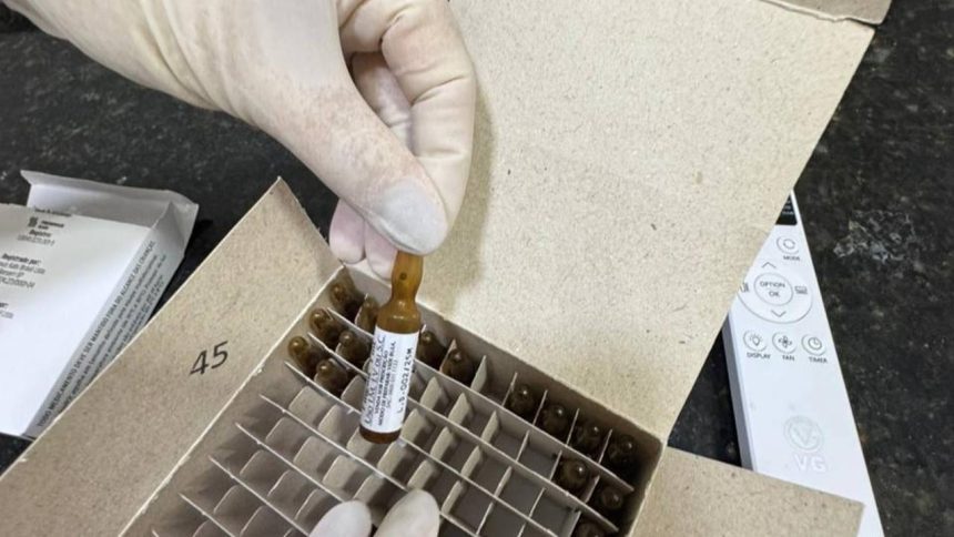 Dentista preso com medicamentos para sedação. Ampolas em caixa.