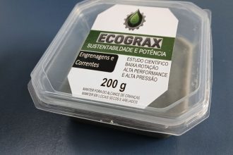 Embalagem de produto ECOGRAX para engrenagens e correntes, com rótulo verde e branco.