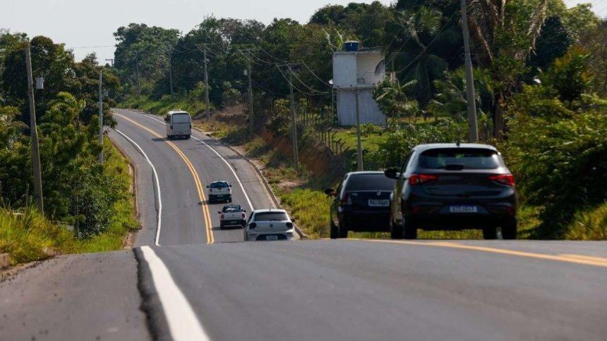 Estrada AM-010 com carros em dia ensolarado, cercada por vegetação densa.