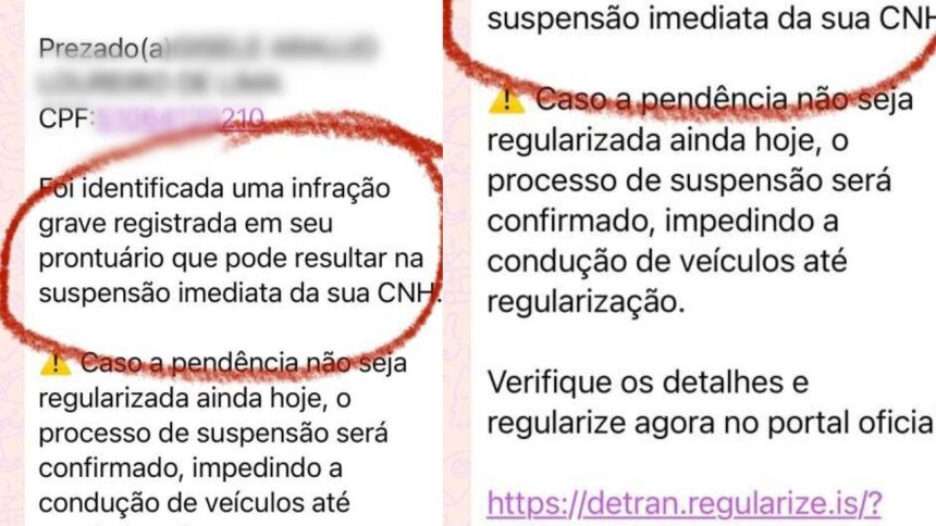 Notificação falsa sobre suspensão da CNH por infração grave. Detalhes e regularização online.
