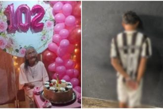 Imagem de idosa de 102 anos que foi assaltada. Do lado, o assaltante, preso