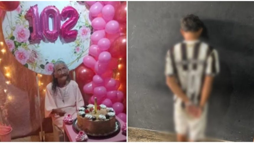 Imagem de idosa de 102 anos que foi assaltada. Do lado, o assaltante, preso