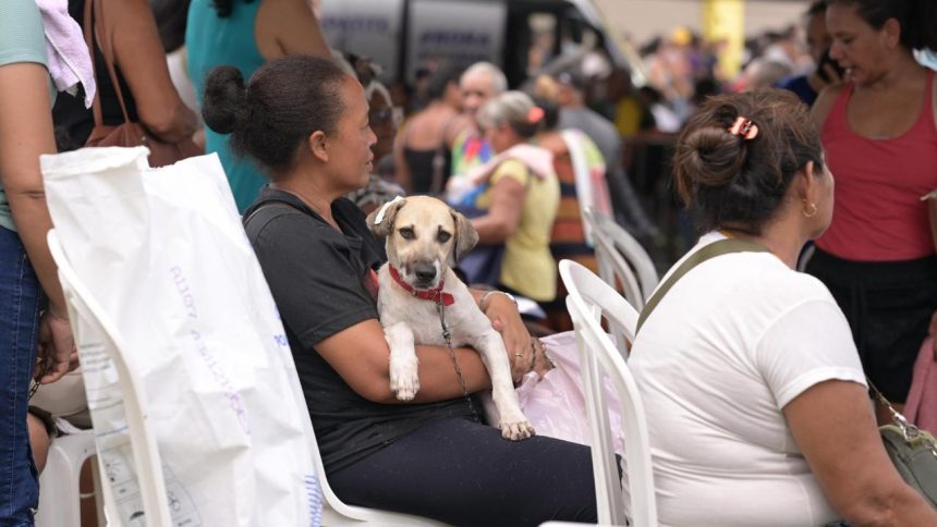 Mulher sentada com cachorro no colo em evento de castração.