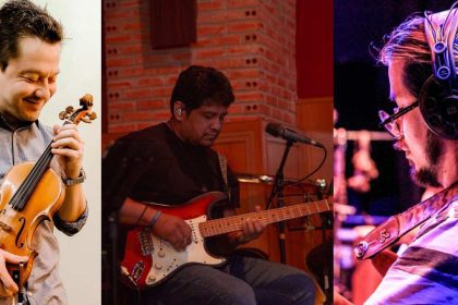 Músicos tocando violino, guitarra e fones de ouvido em um projeto de trilhas sonoras em Manaus.