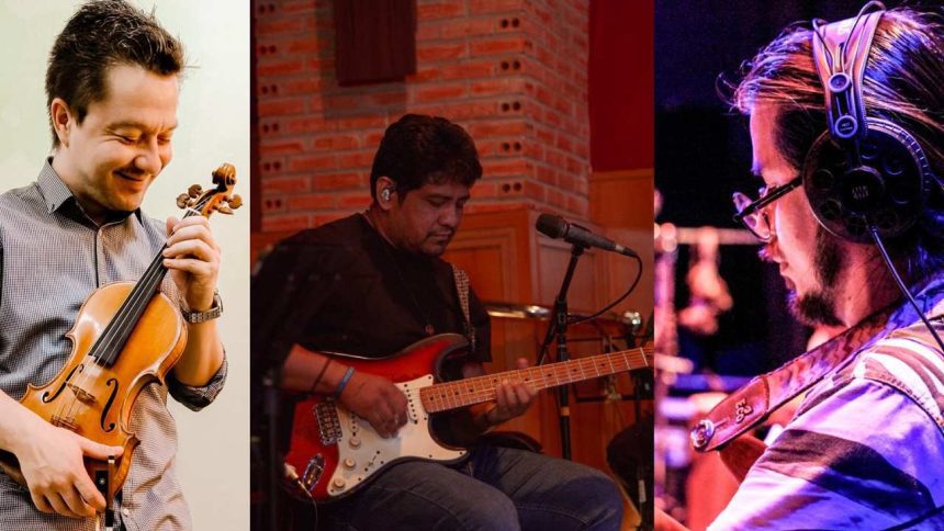 Músicos tocando violino, guitarra e fones de ouvido em um projeto de trilhas sonoras em Manaus.