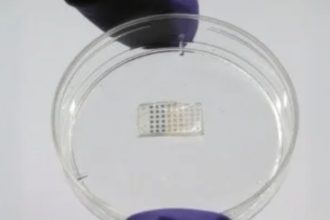 Adesivo cardíaco com estrutura retangular contendo pequenos quadrados coloridos, um dispositivo médico.