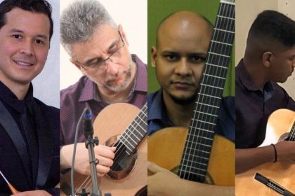 Quatro músicos, guitarristas, no palco do Teatro Amazonas.