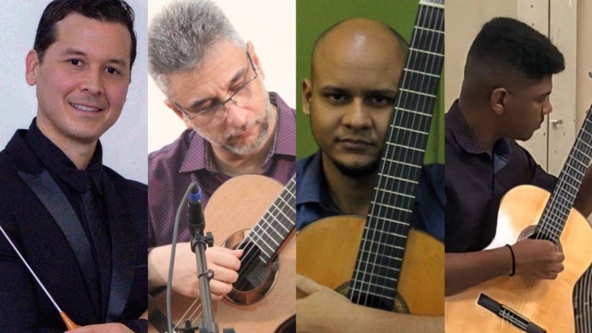 Quatro músicos, guitarristas, no palco do Teatro Amazonas.