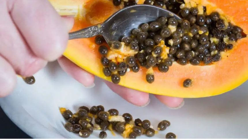 Removendo sementes de mamão com colher. Fruta cortada e sementes em tigela.