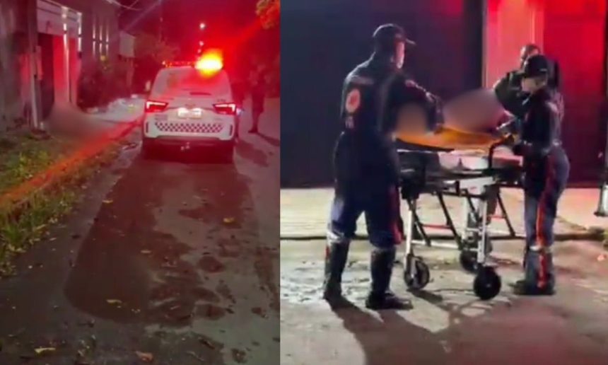 Socorristas atendem vítima em Manaus após agressão, com ambulância no local
