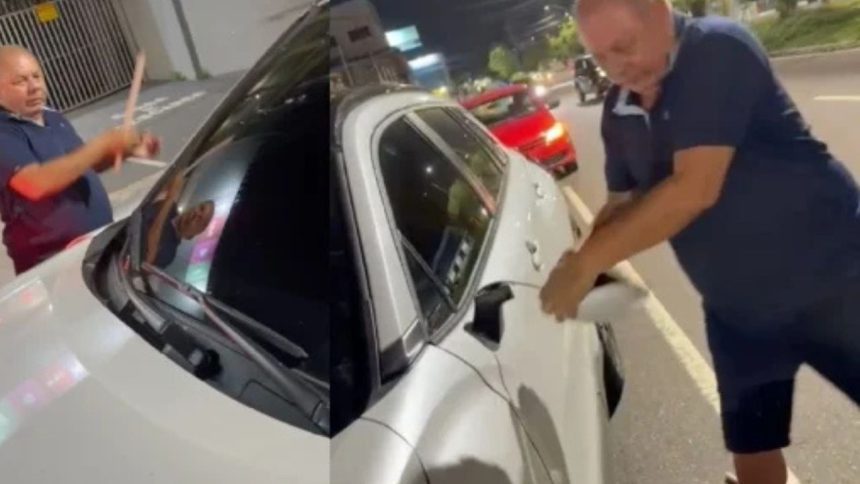Advogado é flagrado quebrando carro de mulher após acidente em Manaus