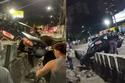 Carro atinge muro após subir em calçada na zona Centro-Sul de Manaus