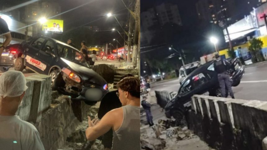 Carro atinge muro após subir em calçada na zona Centro-Sul de Manaus
