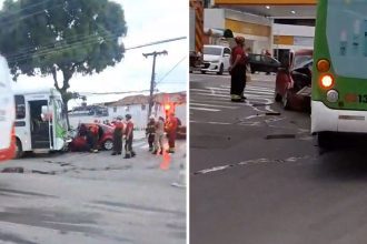 Acidente entre carro e ônibus deixa motorista preso às ferragens na zona sul de Manaus