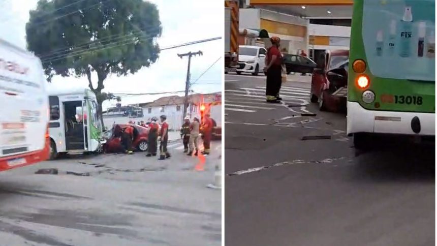 Acidente entre carro e ônibus deixa motorista preso às ferragens na zona sul de Manaus