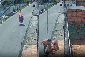 Uma câmera de segurança registrou, na manhã desta terça-feira (2), o momento em que uma mulher foi assaltada por um homem armado