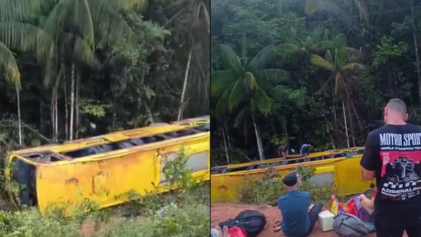 Ônibus tomba duas vezes e cai próximo a rio na BR-319