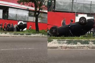 Carro perde controle e capota na avenida Rodrigo Otávio