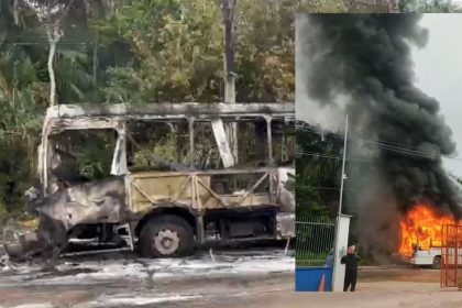 Ônibus da linha 126 fica destruído após pegar fogo no Tarumã