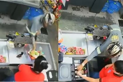 Câmera registra dupla assaltando supermercado no bairro Tancredo Neves