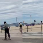 Mulher surpreende ao patinar com equipamento de neve em Copacabana