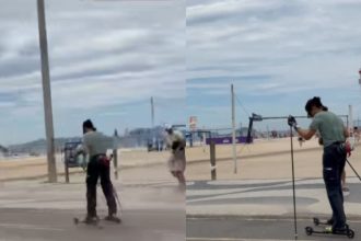 Mulher surpreende ao patinar com equipamento de neve em Copacabana
