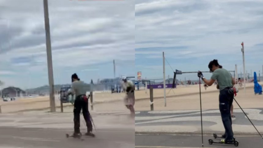 Mulher surpreende ao patinar com equipamento de neve em Copacabana