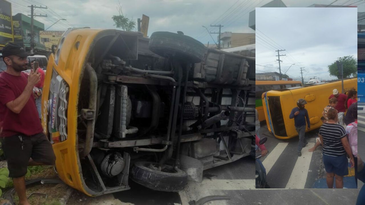 Amarelinho’ perde o controle e tomba com passageiros na avenida Autaz Mirim