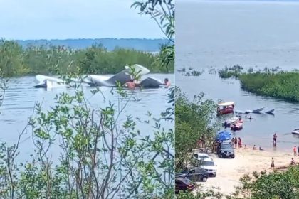 Avião de pequeno porte cai com duas pessoas na Vila de Paricatuba, em Iranduba