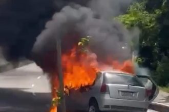 Carro fica completamente destruído após pegar fogo