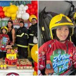 Criança autista celebra aniversário de bombeiro com bolo e bombeiros reais. Festa temática.