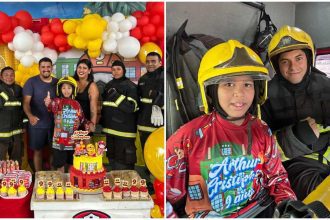 Criança autista celebra aniversário de bombeiro com bolo e bombeiros reais. Festa temática.