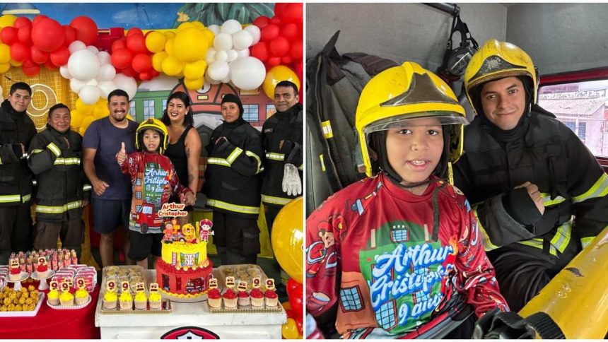 Criança autista celebra aniversário de bombeiro com bolo e bombeiros reais. Festa temática.
