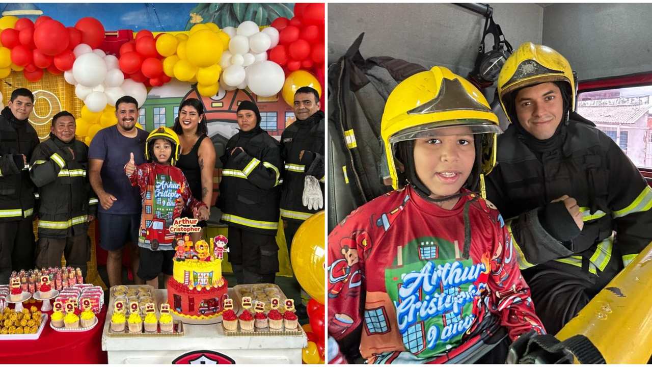 Criança autista celebra aniversário de bombeiro com bolo e bombeiros reais. Festa temática.