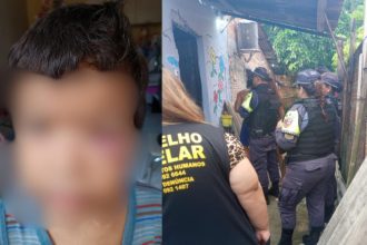 Criança com rosto borrado e policiais em ação. Uma pessoa veste colete escrito 'Conselho Tutelar'.